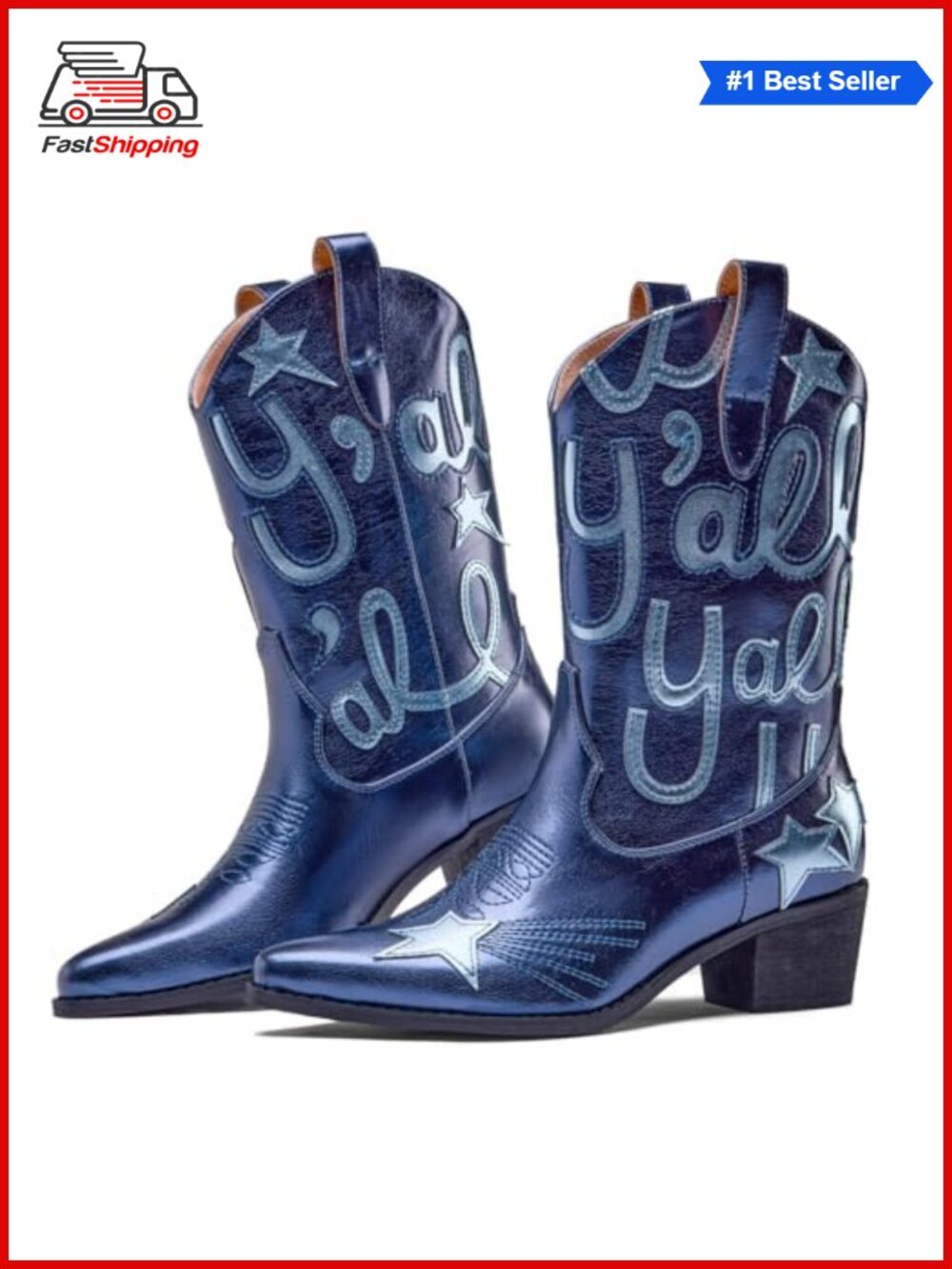 ✨ Pointed Toe Embroidered Mid Calf Cowboy Boots Chunky Heel Faux Leather